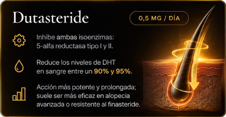 Dutasteride, 0,5 mg / día. Inhibe ambas isoenzimas: 5-alfa reductasa tipo I y II. Reduce los niveles de DHT en sangre entre un 90% y 95%. Acción más potente y prolongada; suele ser más eficaz en alopecia avanzada o resistente al finasteride.