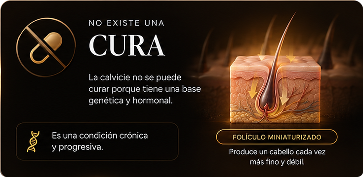 No existe una cura: la calvicie tiene una base genética y hormonal. Es una condición crónica y progresiva. El folículo miniaturizado produce un cabello cada vez más fino y débil.