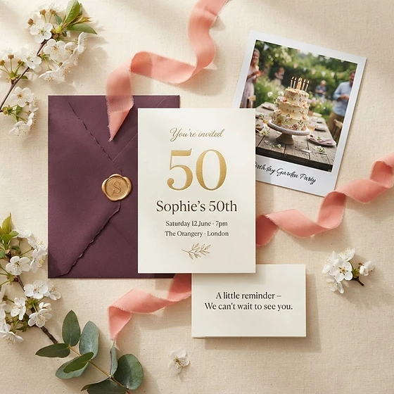 A cream invitation, plum envelope, coral ribbon and a small reminder card laid out on paper