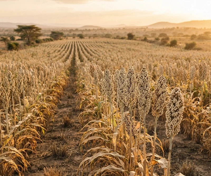 Mature white sorghum field at golden hour