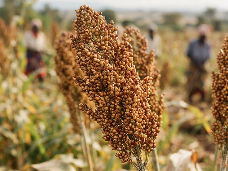 Ripe white sorghum grain heads
