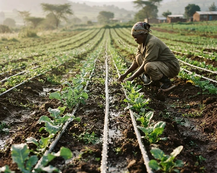 Gravity-fed irrigation channels in a Kenyan agricultural field