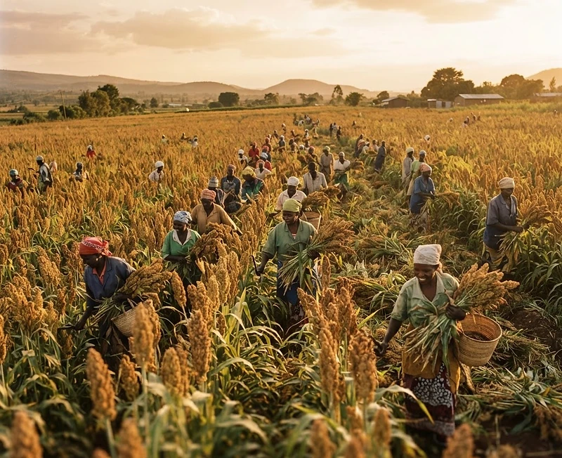 Organized farmers working a productive Kenyan field at golden hour