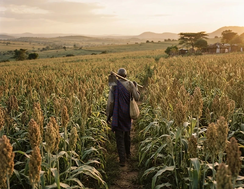 A wide white sorghum field at golden hour