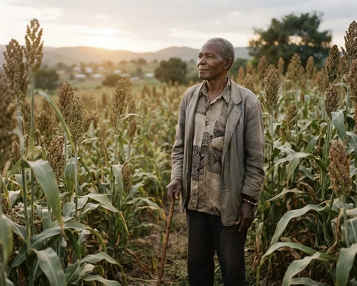 A Kenyan farmer tending sorghum