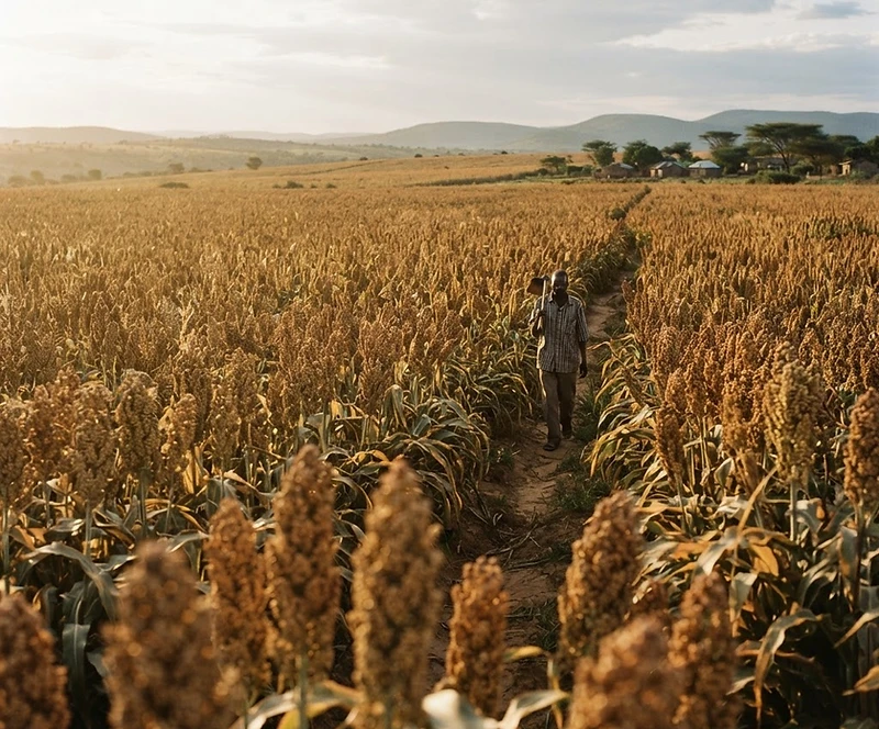 A productive Kenyan sorghum field at golden hour