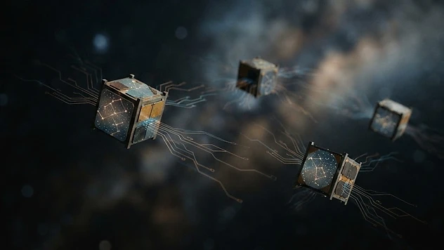 Abstract illustration of small spacecraft navigating deep space without GPS, guided by onboard star patterns