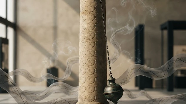 Abstrakte Illustration einer grossen klassischen Säule mit einem eingefrorenen Pendel und Euro-Münz-Motiven in gedämpften Erdtönen