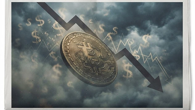 Bitcoin-Symbol auf einem abwärts zeigenden Pfeil inmitten dunkler Gewitterwolken und verstreuter Dollarzeichen