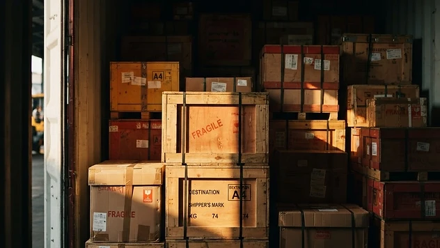Stacked boxes of food and medicine crates inside a shadowed cargo space, a sliver of light from an open door