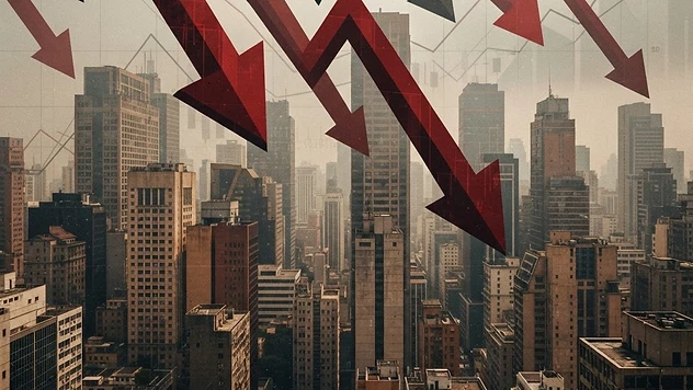 Abstract illustration of falling stock market arrows over a dark financial landscape