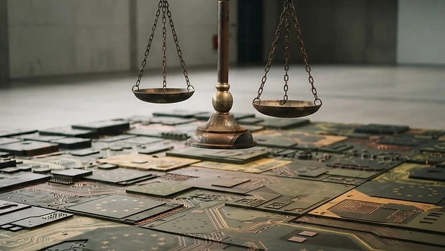 Abstract scales of justice balanced over a circuit board landscape under a pale sky