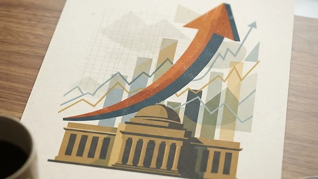 Abstrakte Illustration eines steigenden Zinspfeils über einem stilisierten koreanischen Bankgebäude mit Finanzgraf-Elementen