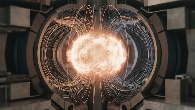 Abstract diagram of magnetic field lines containing a glowing plasma core inside a tokamak cross-section