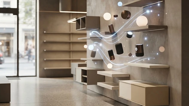 Abstract illustration of an Apple retail store interior being rearranged with glowing home devices on display