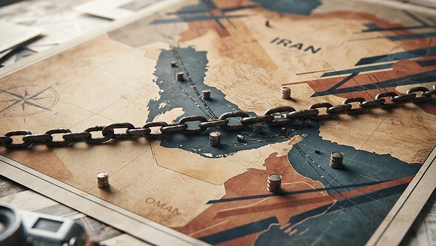 Abstrakte Kartenillustration mit Hervorhebung der Persischen-Golf-Region, symbolischen Ketten und Ölfässern in der Nähe eines Engpasses