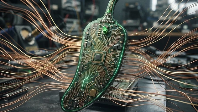 Abstract illustration of a glowing green jalapeño pepper intertwined with circuit board traces and silicon chip geometry
