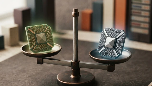 Abstract illustration of two competing geometric chip structures on a scale, one glowing green, one glowing blue