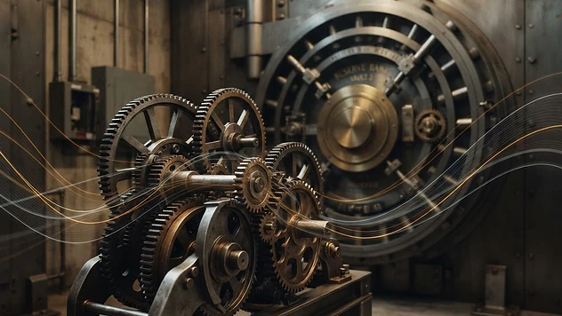 Abstract illustration of financial levers and interlocking gears representing central bank coordination and reserve facilities