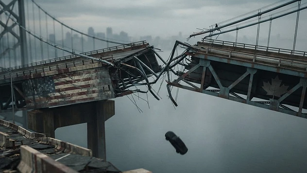 Gerissene Brücke zwischen den Flaggen der USA und Kanadas mit Stahlträgern und herabfallenden Fahrzeugsilhouetten
