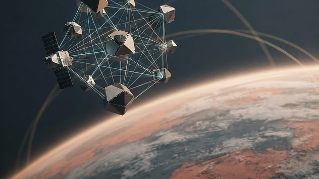 Abstract illustration of FALCON autonomous navigation technology as geometric light pathways between spacecraft in orbit