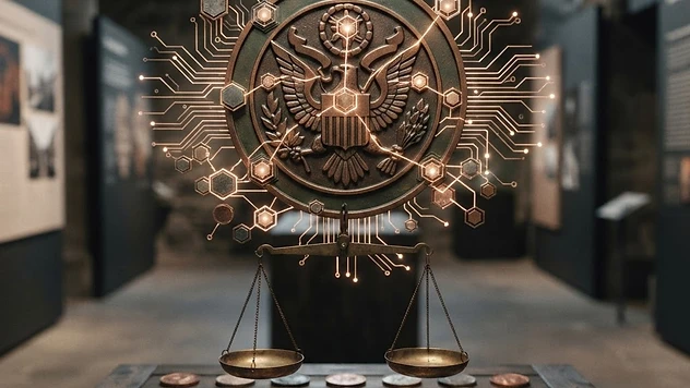 Abstrakte Illustration eines Regulierungsrahmens für digitale Vermögenswerte mit regulatorischen Symbolen und Blockchain-Elementen