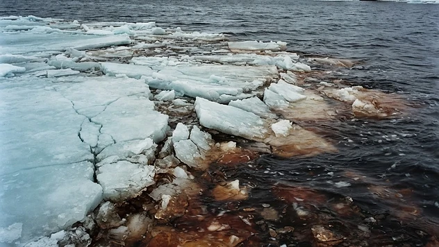 Abstract illustration of melting arctic ice sheet dissolving into rising ocean waters, muted blues and warm browns