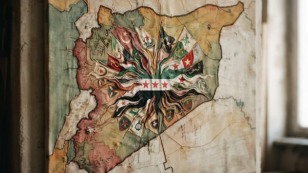Abstrakte Karte Syriens mit sich überlagernden Militärfahnen, die zu einer einheitlichen nationalen Flagge verschmelzen