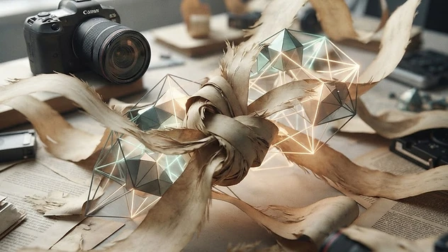 Tangled legal document ribbons weaving through glowing AI neural network nodes