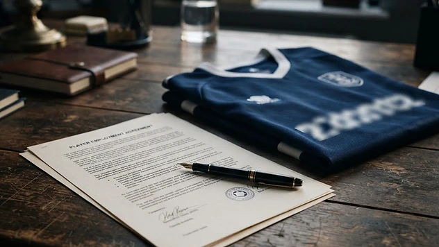 Chelsea football shirt with contract document and pen on a desk in muted tones