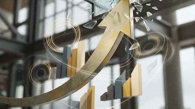 Abstract illustration of a rising stock chart arrow breaking through a ceiling amid glowing market indicators