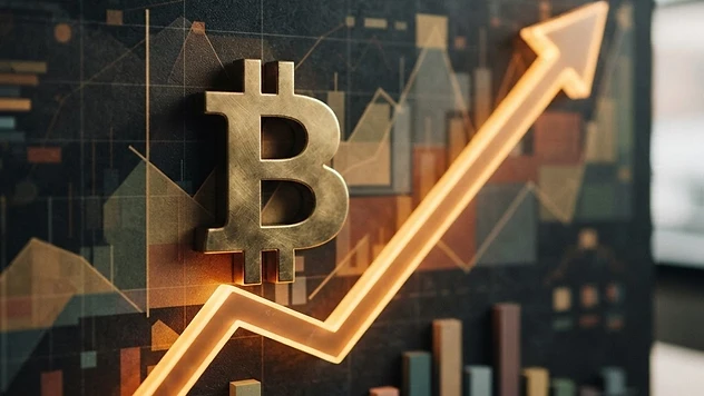 Abstraktes goldenes Bitcoin-Symbol, das auf einem dunklen Chart mit leuchtendem Aufwärtspfeil steil ansteigt