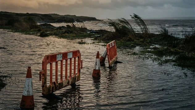 Evakuierungswarnschilder, die halb im steigenden braunen Hochwasser nahe der Küste versunken sind