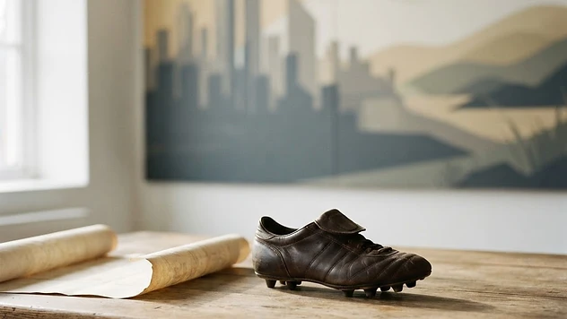 A contract document beside a football boot and a city skyline silhouette dissolving into distant hills