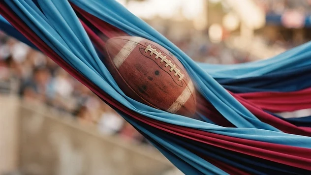 A football moving through a tunnel of blue and red ribbons against a muted gold background
