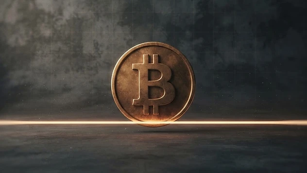 Abstraktes goldenes Bitcoin-Symbol, das auf dunklem, gedämpftem Hintergrund über eine leuchtende Schwellenlinie aufsteigt