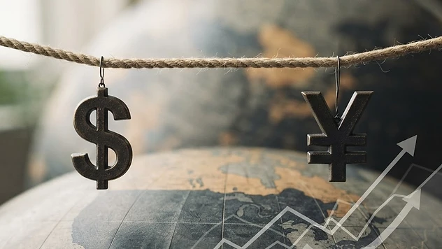 Abstract illustration of dollar and yen currency symbols locked in a tug-of-war over a global currency market backdrop