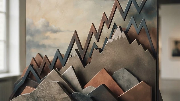 Abstract illustration of mountain peaks and financial chart lines converging under a pale sky