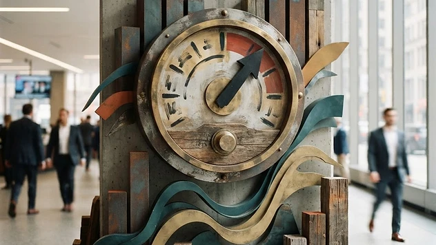 Abstract illustration of a large interest rate dial turning upward against a muted financial background