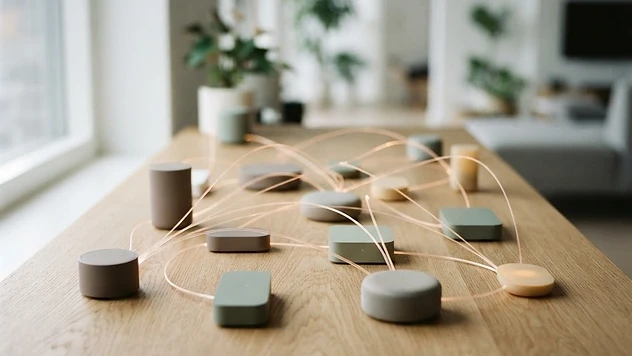 Abstract illustration of interconnected smart home devices forming a unified hub network in muted tones