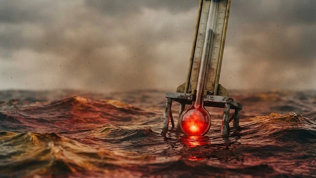 Abstract illustration of swirling ocean waves in deep red and orange tones against a dark sky, thermometer rising