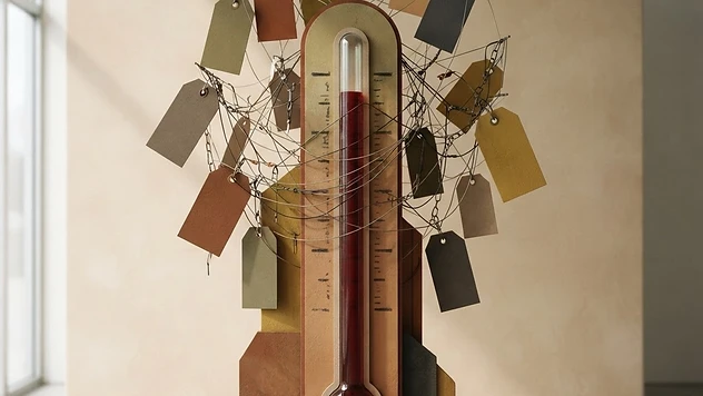 Abstrakte Illustration eines Thermometers und Preisschilder inmitten verschlungener Lieferkettlinien in gedämpften Farbtönen