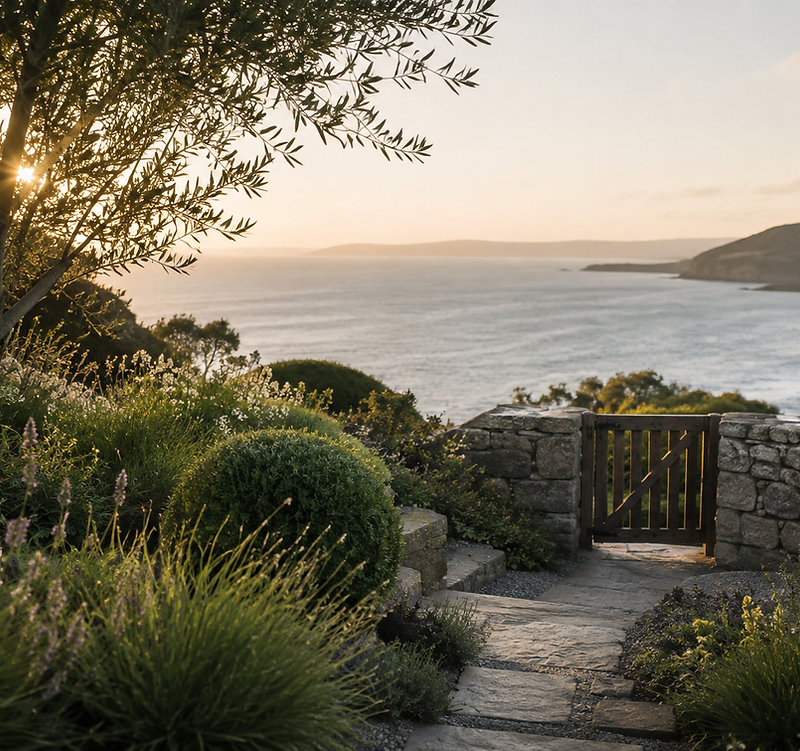 A landscaped outdoor space in Cornwall with paving and structure