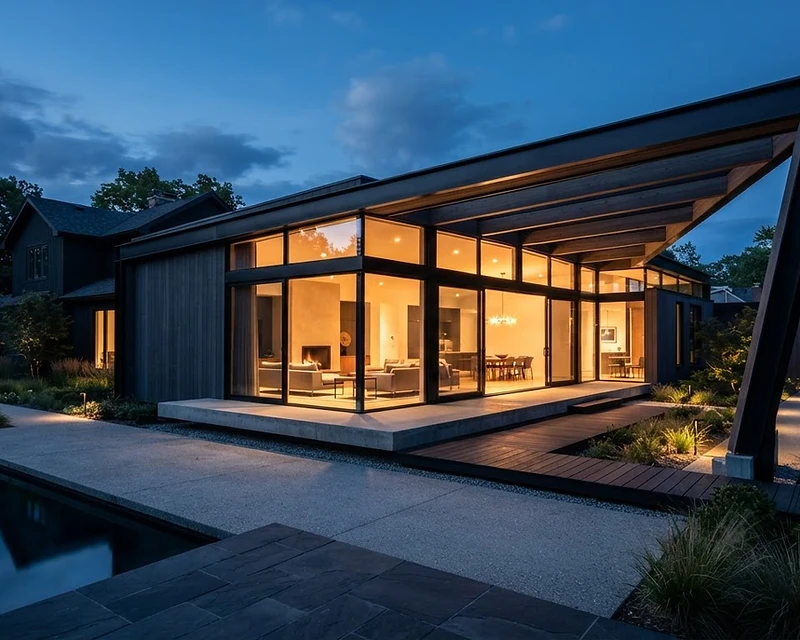 Modern architectural extension at blue hour