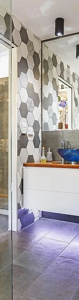 Master bathroom with blue sinks