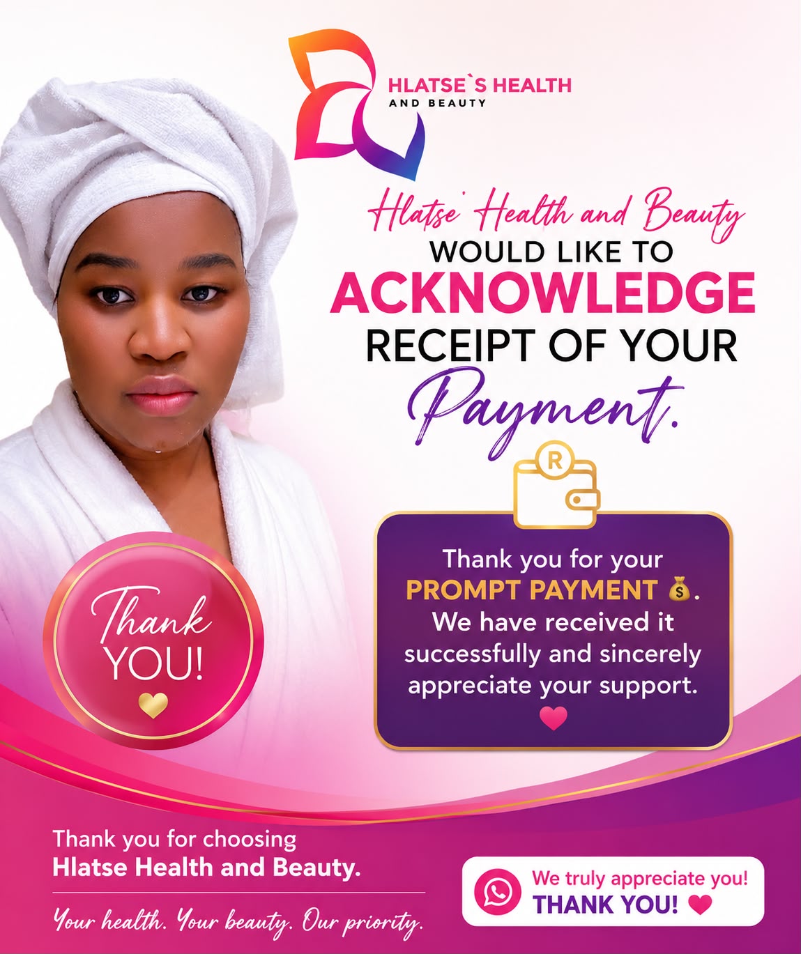 Payment acknowledgment — thank you for your prompt payment