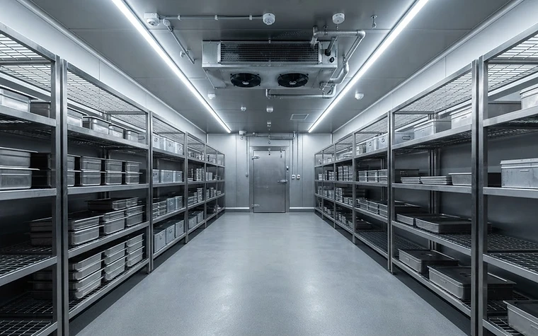 Industrial walk-in cold room interior with ceiling evaporator unit