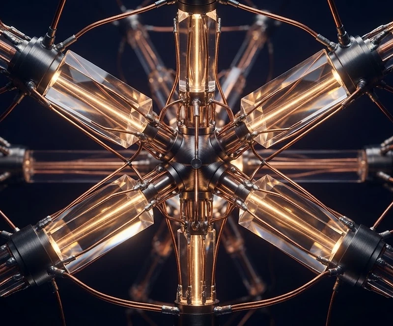 Abstract data architecture of interconnected glass prisms and copper wiring