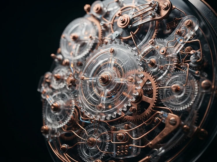 Macro render of a translucent clockwork mechanism representing the configuration process