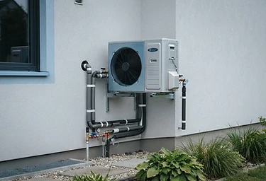 Domestic hot water heat pump installed on a residential wall